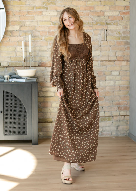Elise Lace Brown Maxi Dress *Preorder for June*