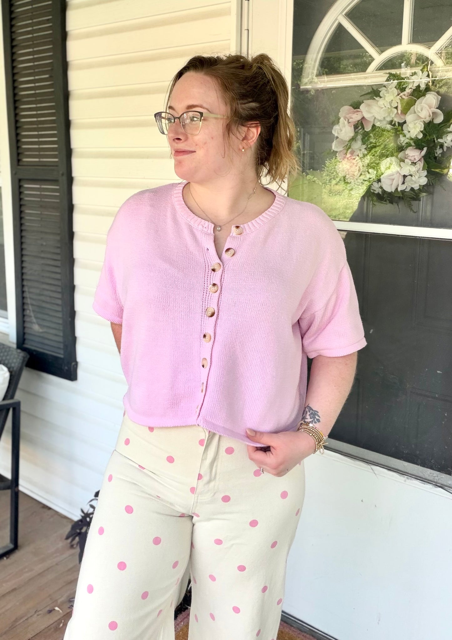 Oatmeal/Pink Polka Dot Wide Leg Denim