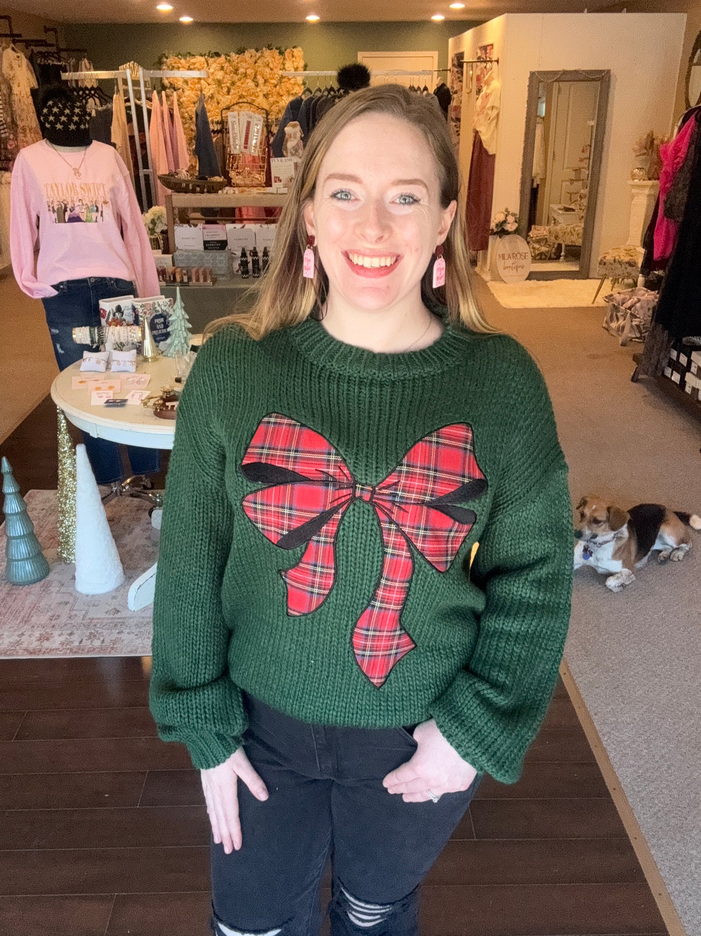 Christmas Sweater With Plaid Ribbon Bow Patch