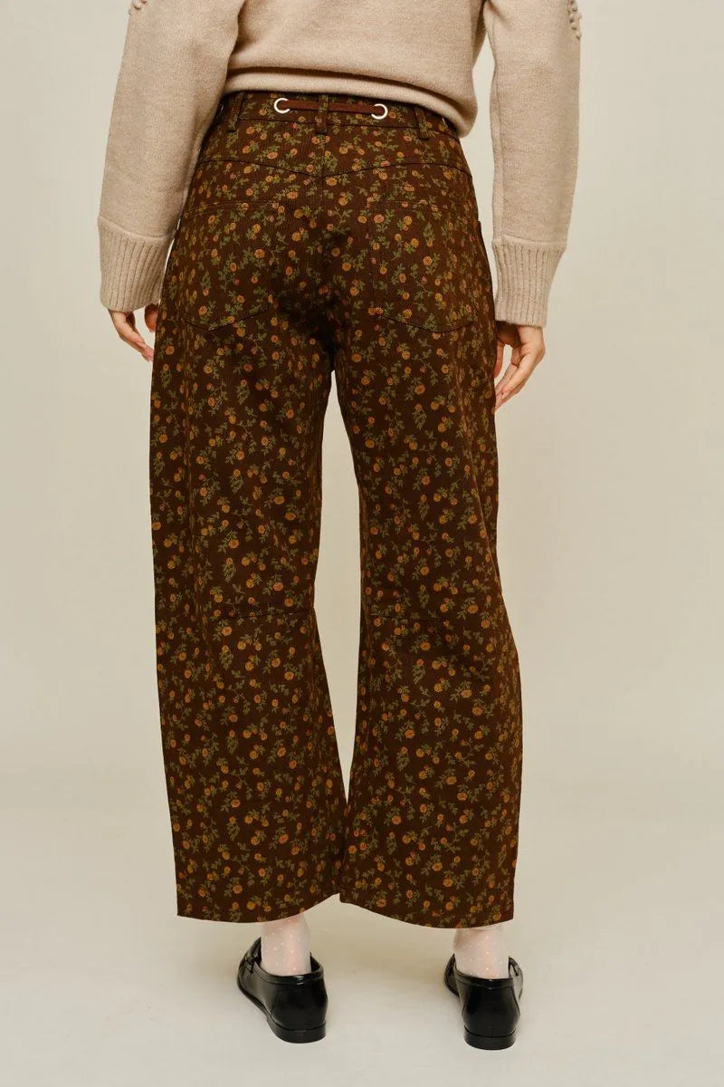 Brown Floral Barrel Pants
