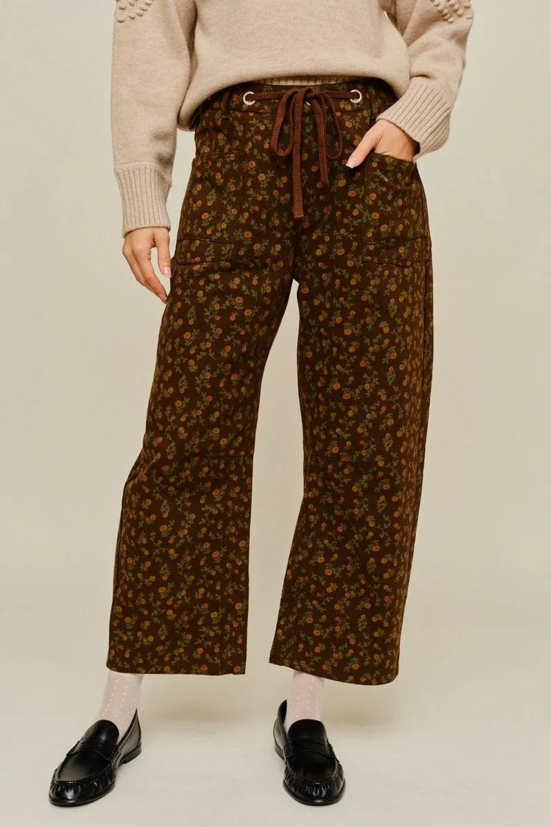 Brown Floral Barrel Pants