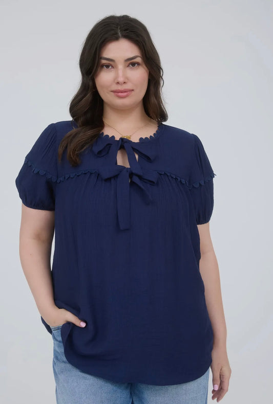 Navy Scallop Trim Blouse