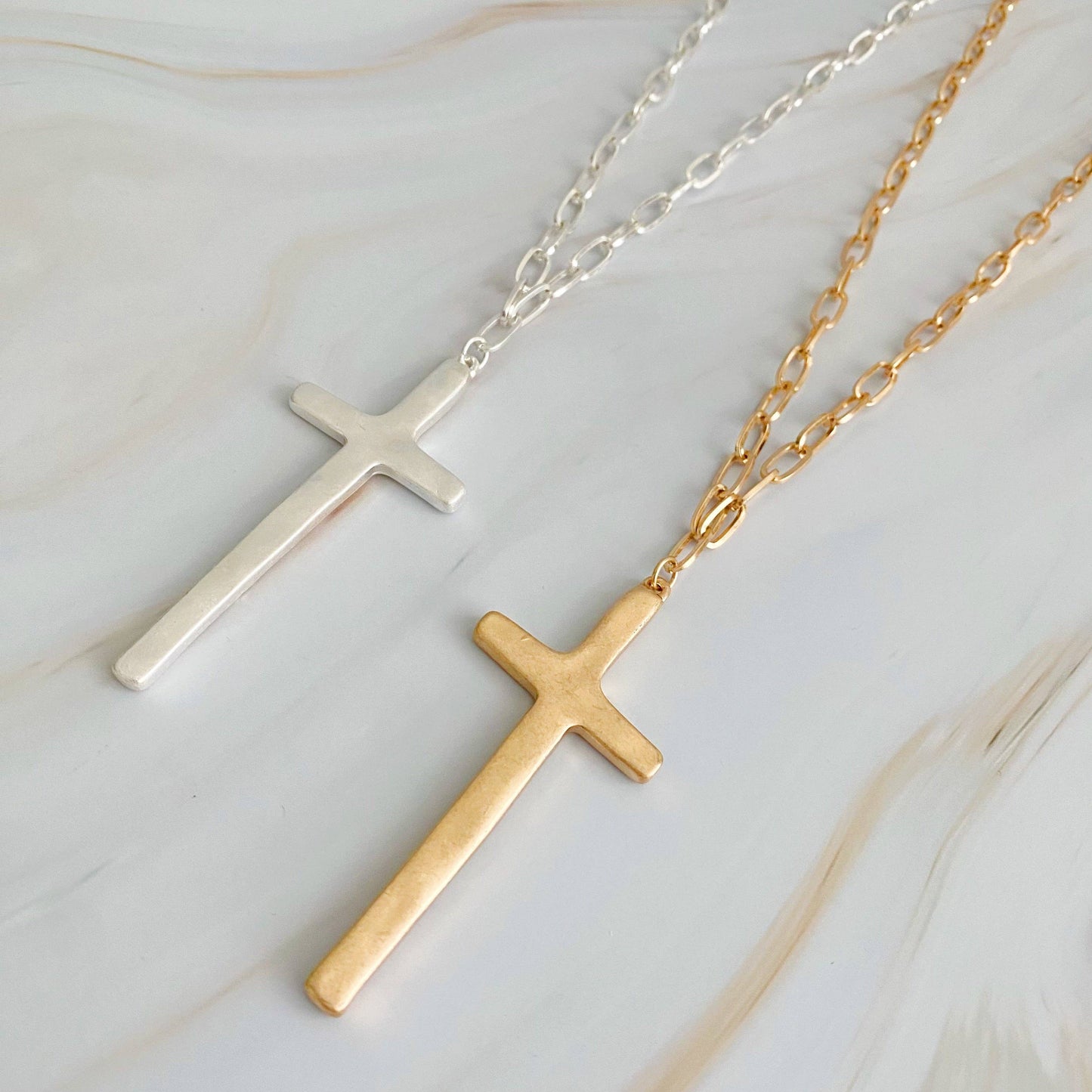 Hammered Cross Long Chain Necklace: Gold