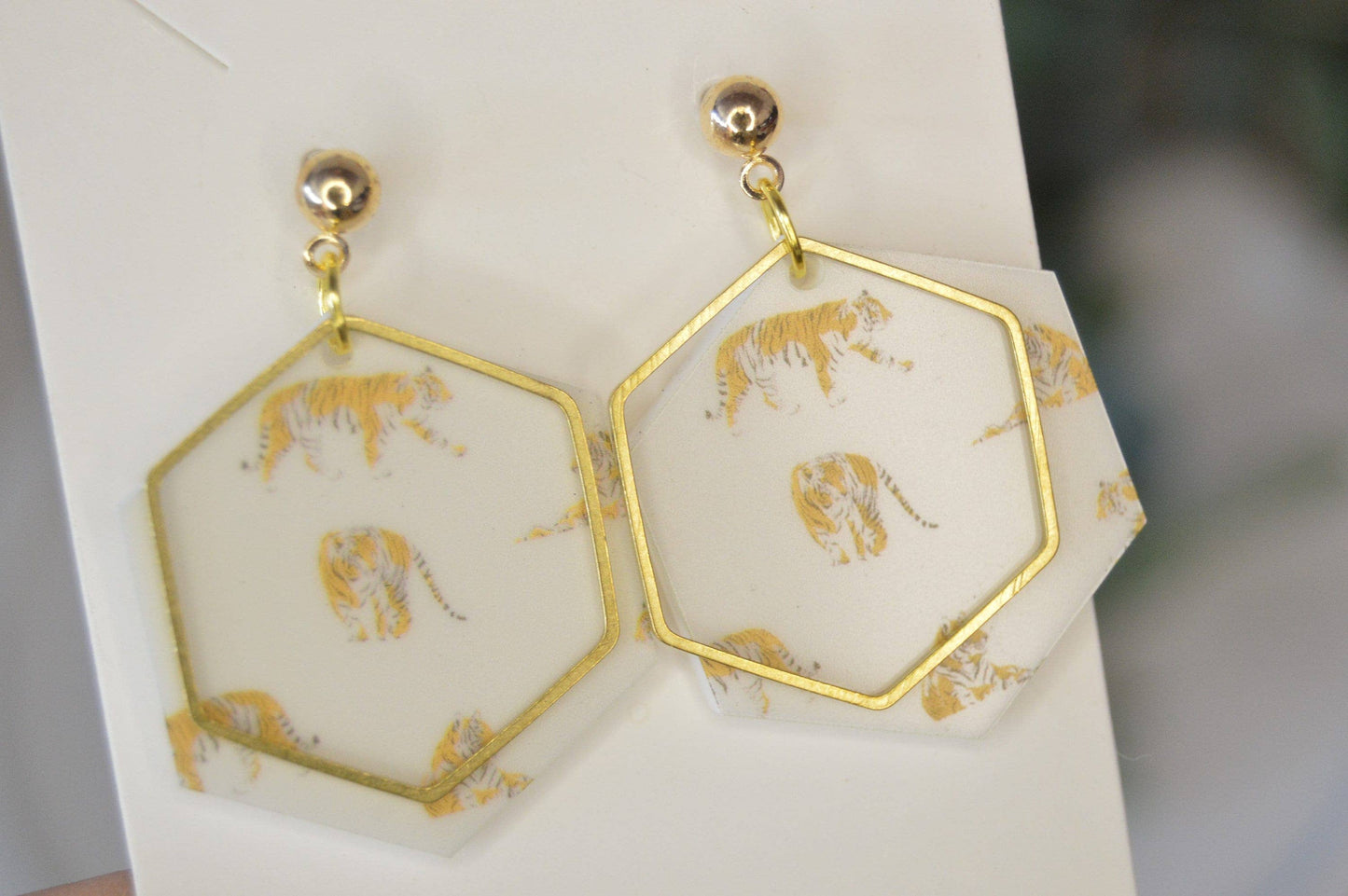 Tiger Hexagon Earrings, Tiger Earrings, Dangle Earrings, Sta