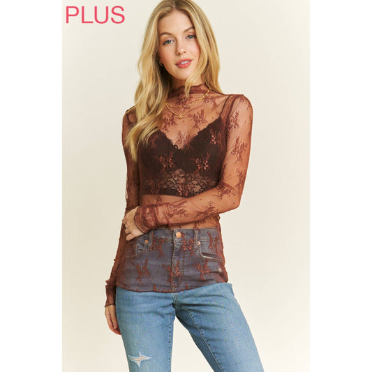 Plus Brown Lace High Neck Top