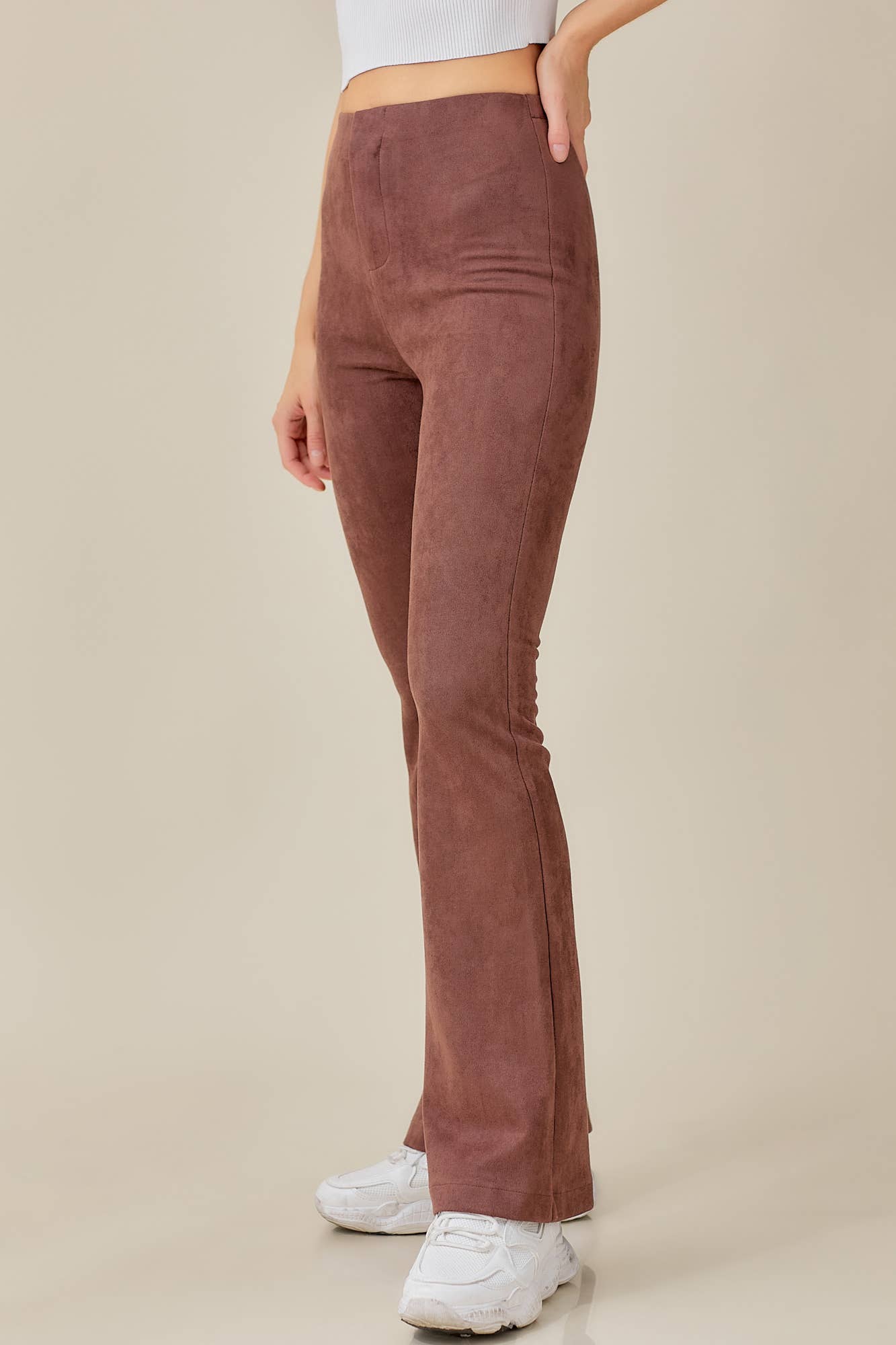 ELASTIC HIGH WAIST SUEDE PANTS: MAUVE