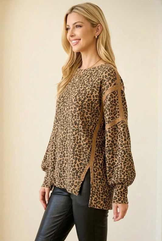Leopard Contrast Trim Pullover