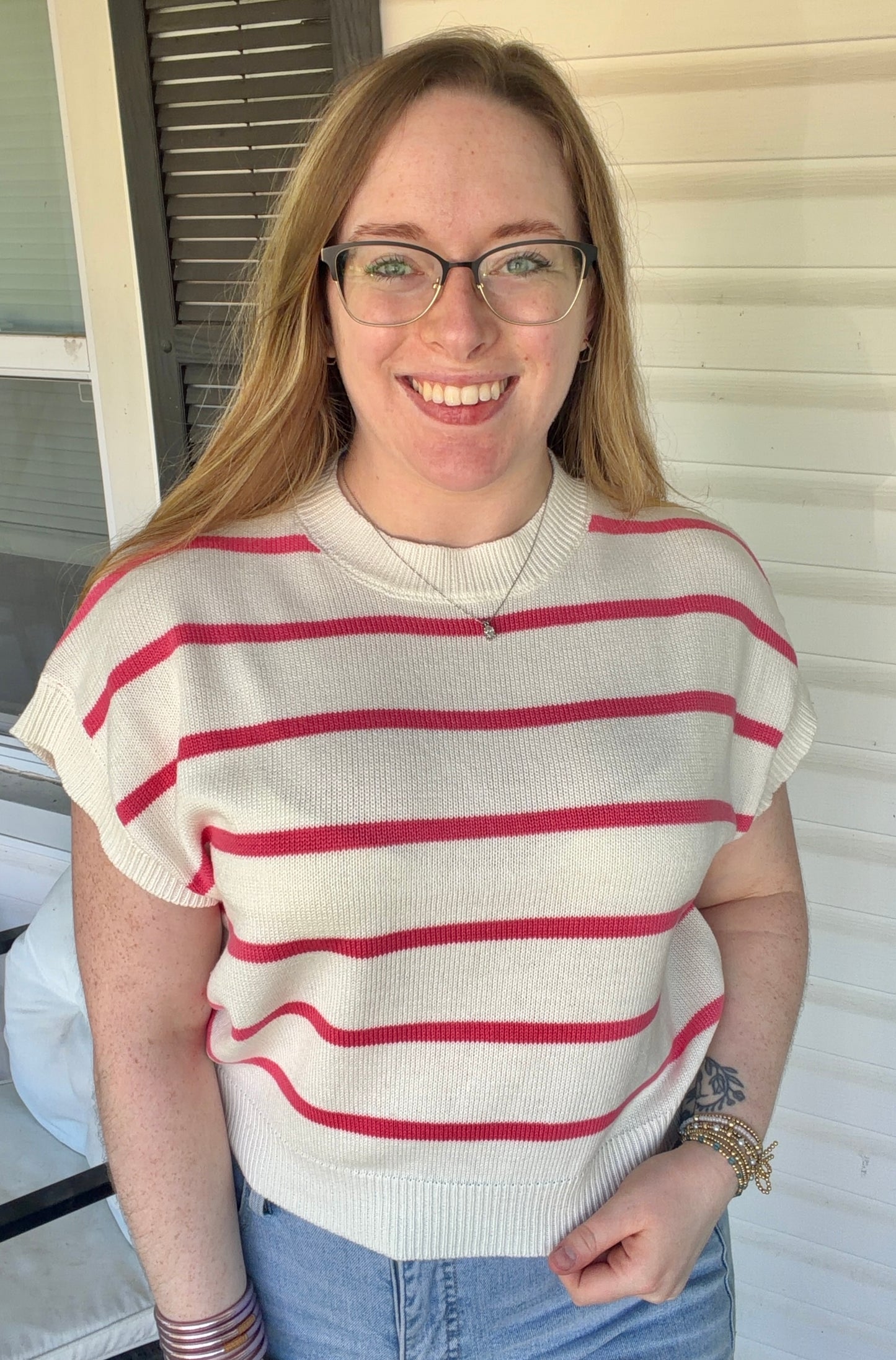 Pink Striped Cap Sleeve Sweater