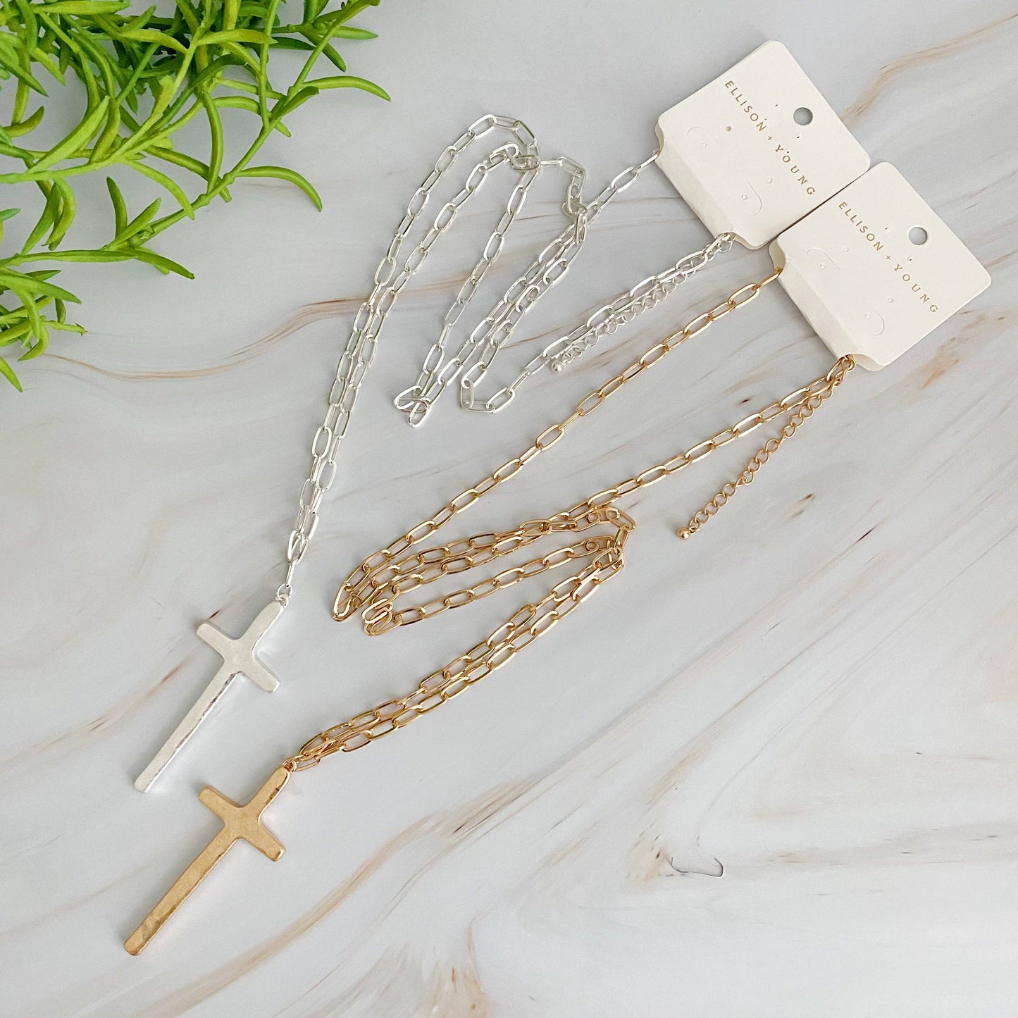 Hammered Cross Long Chain Necklace: Gold