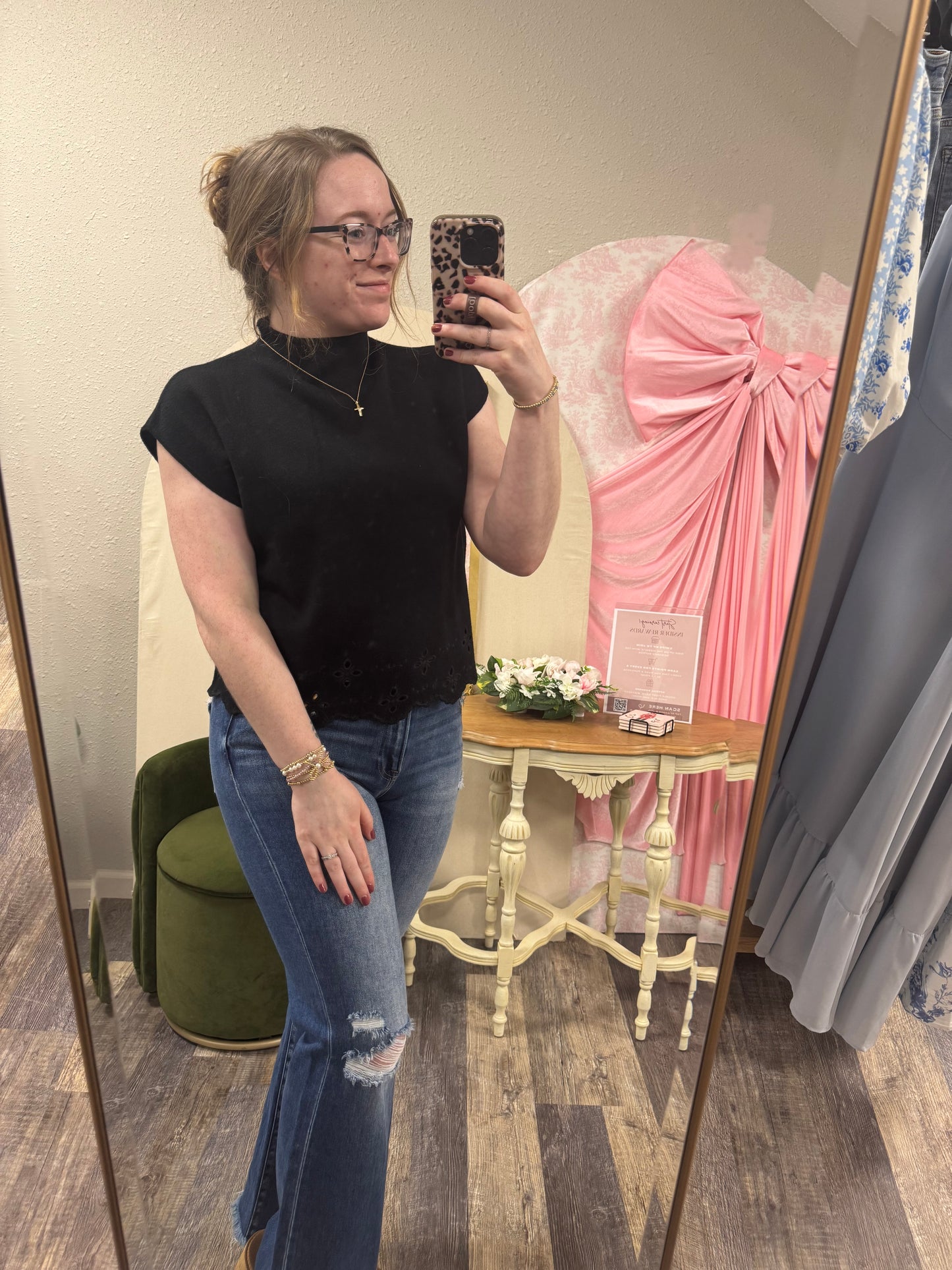 Black Eyelet Short Sleeve Sweater