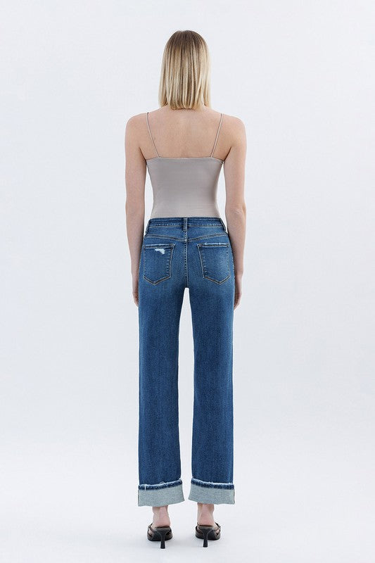 High Rise Cuffed Straight Jeans