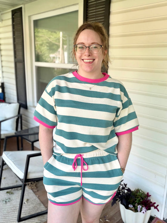 Riviera Jade + Pink Ribbed Lounge Set