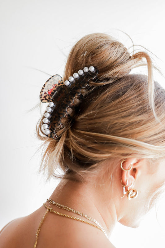 Large Leopard & Pearl Claw Clip