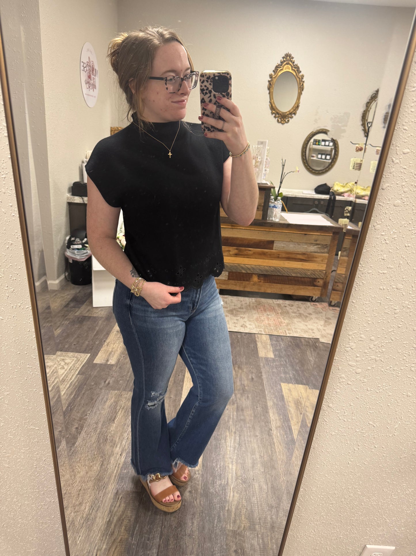 Black Eyelet Short Sleeve Sweater