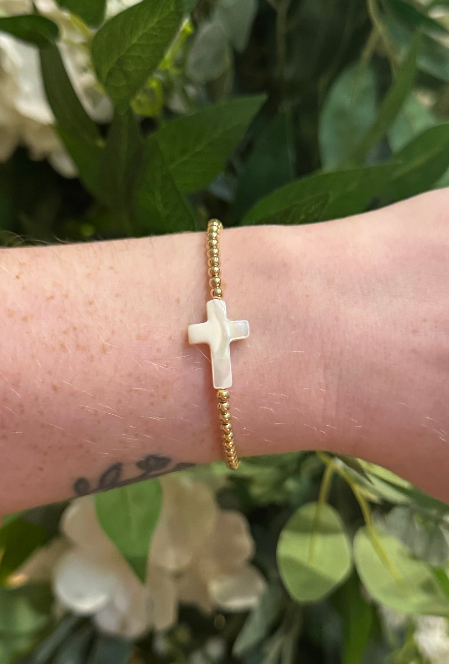 Pearl & Gold Cross Bracelet