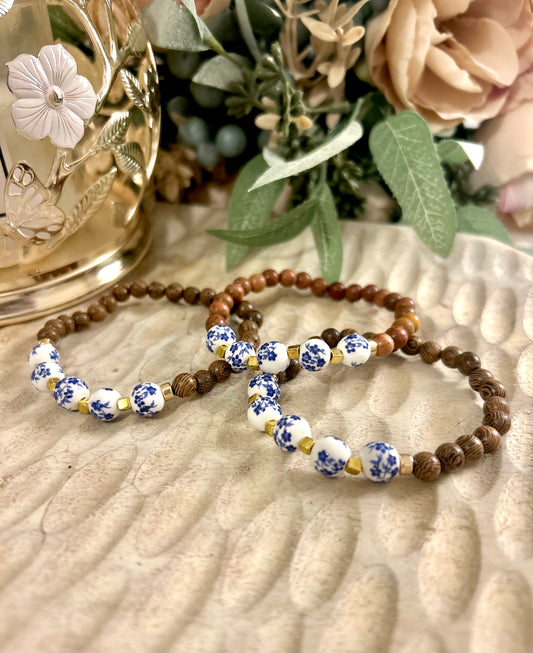 Ceramic Floral & Wood Bracelet