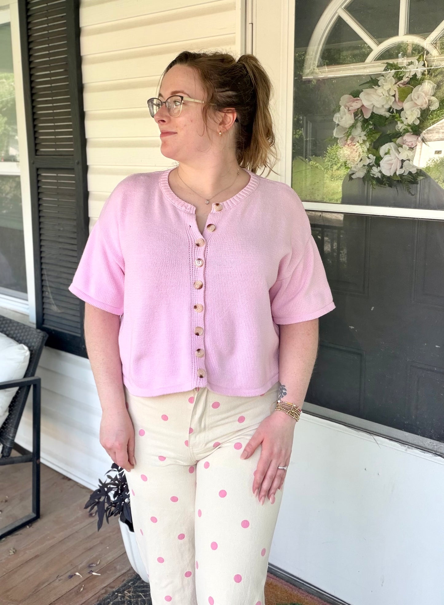 Oatmeal/Pink Polka Dot Wide Leg Denim