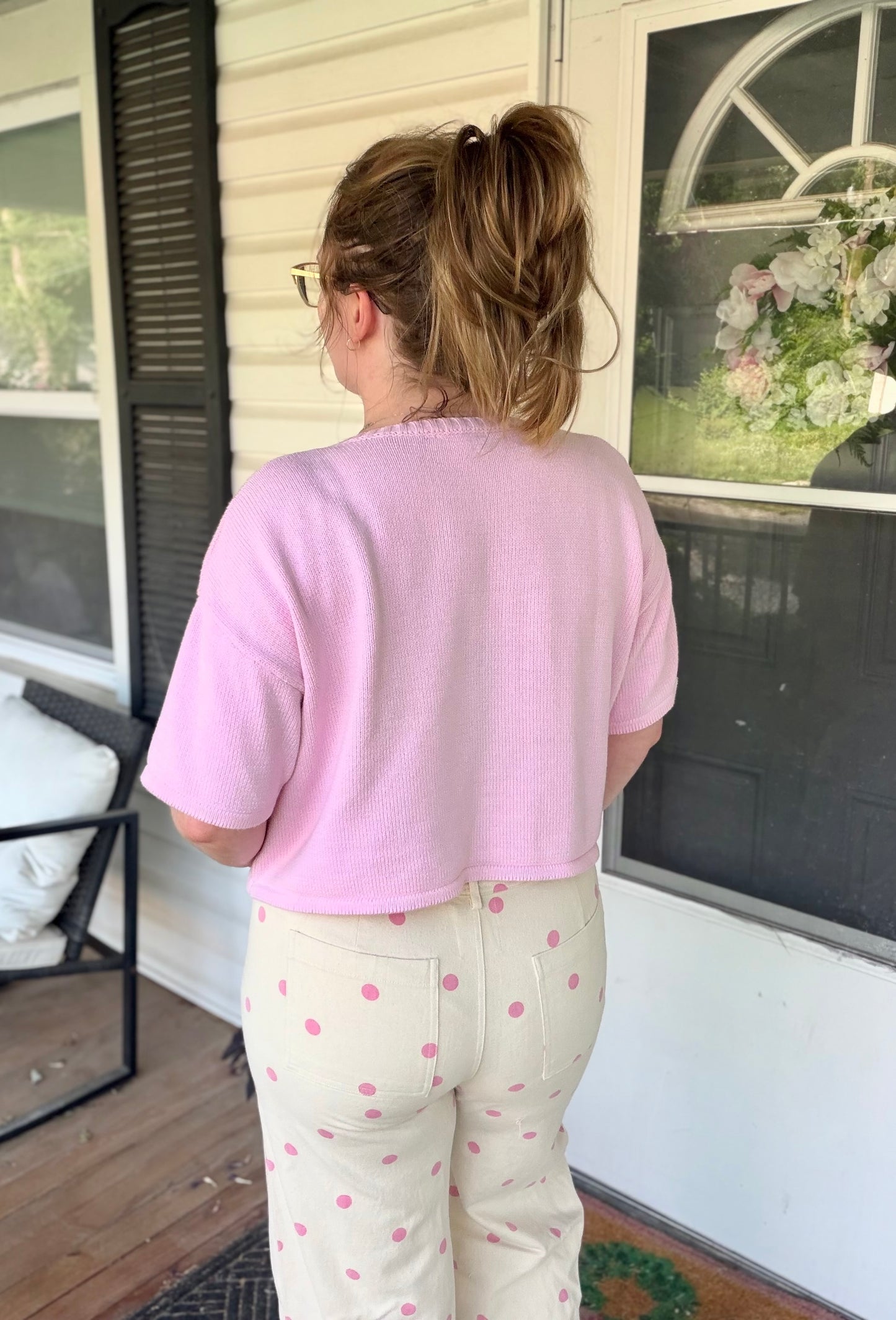 Oatmeal/Pink Polka Dot Wide Leg Denim