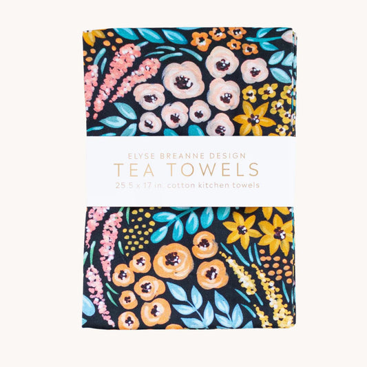 Black Floral Tea Towel Set