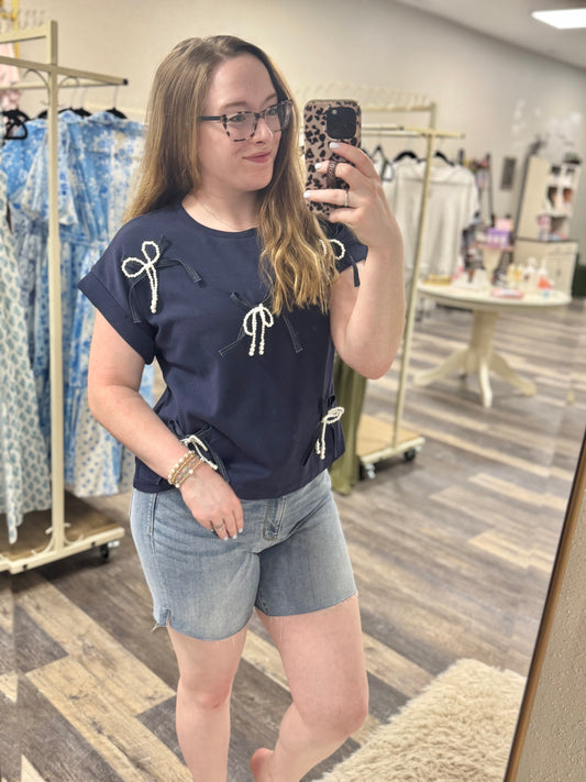 Navy Bow & Pearls Blouse