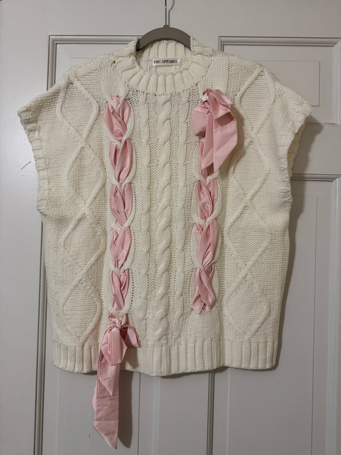 Cream & Pink Bow Laced Sweater