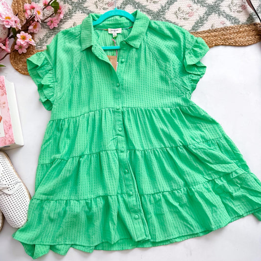 Green Ruffled Button Blouse