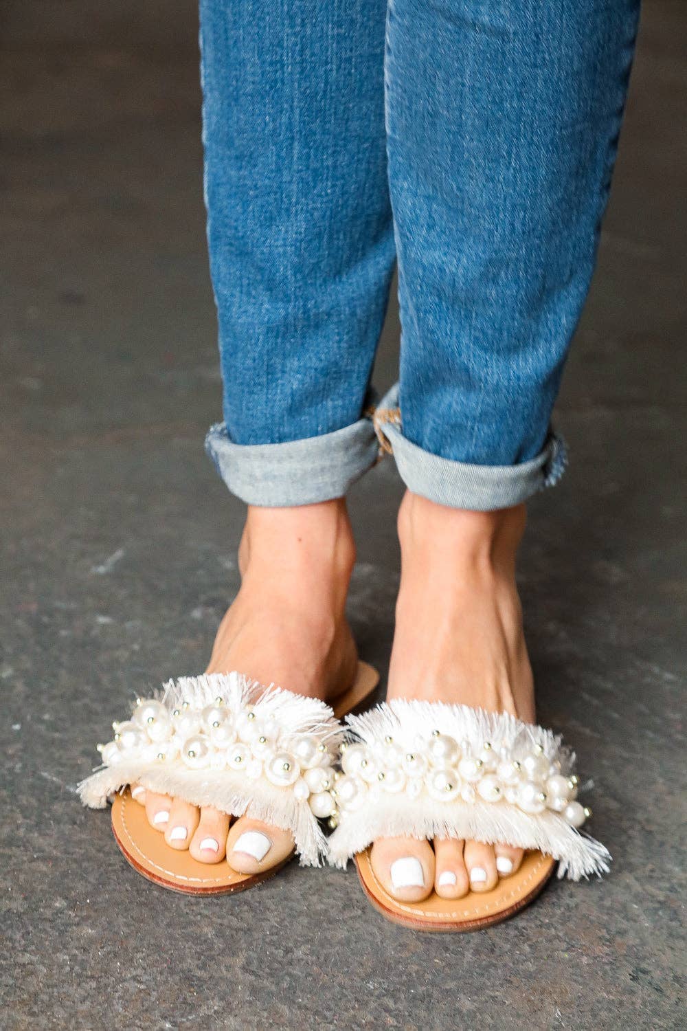 Ivory Linen Fray Beaded Faux Pearl Slide Sandal (Open Pack): 6-7.5