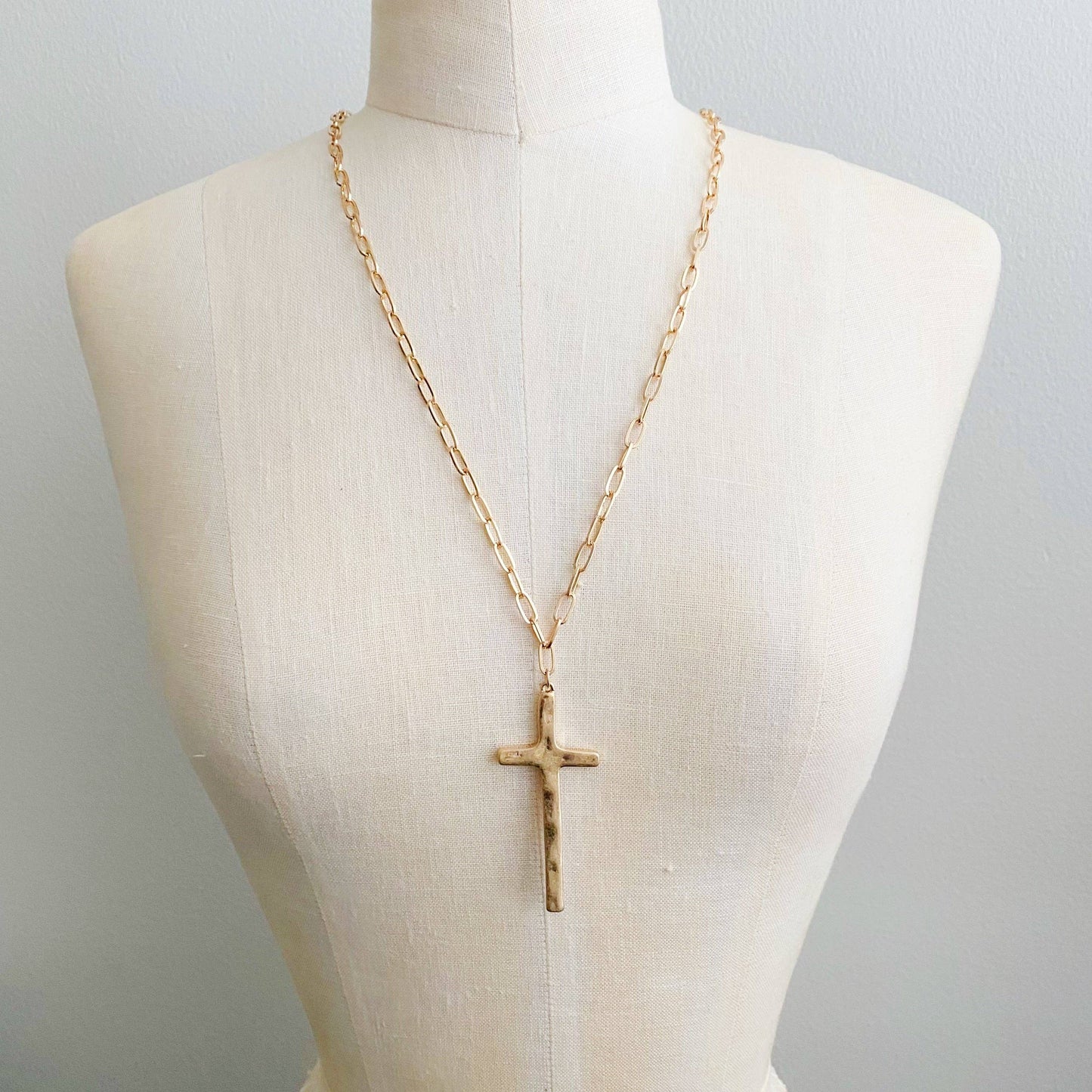 Hammered Cross Long Chain Necklace: Gold