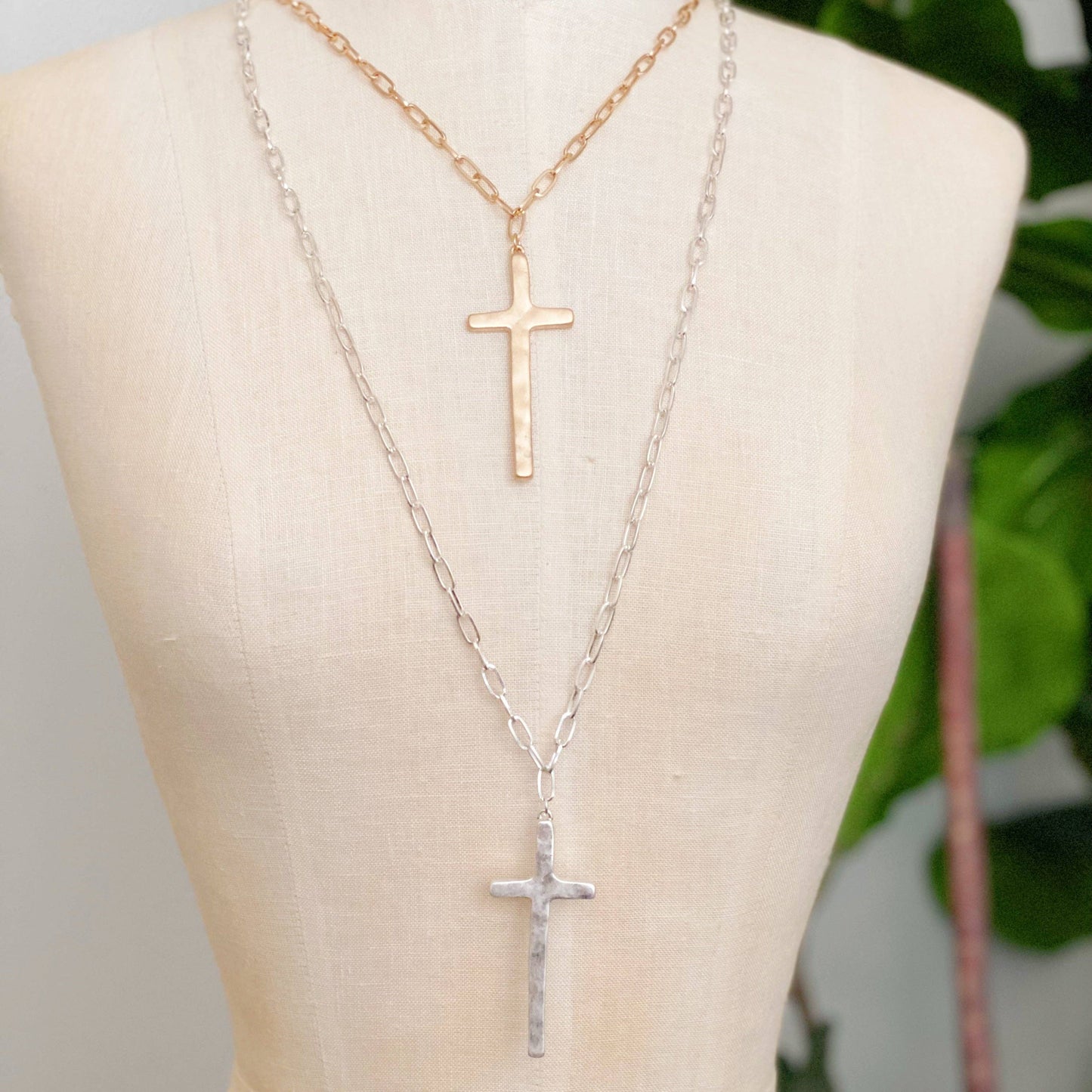 Hammered Cross Long Chain Necklace: Gold