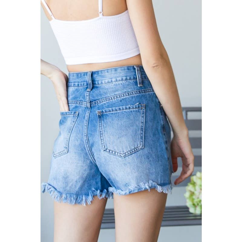 Distressed Hem Washed Denim Shorts: Med Wash / S-L