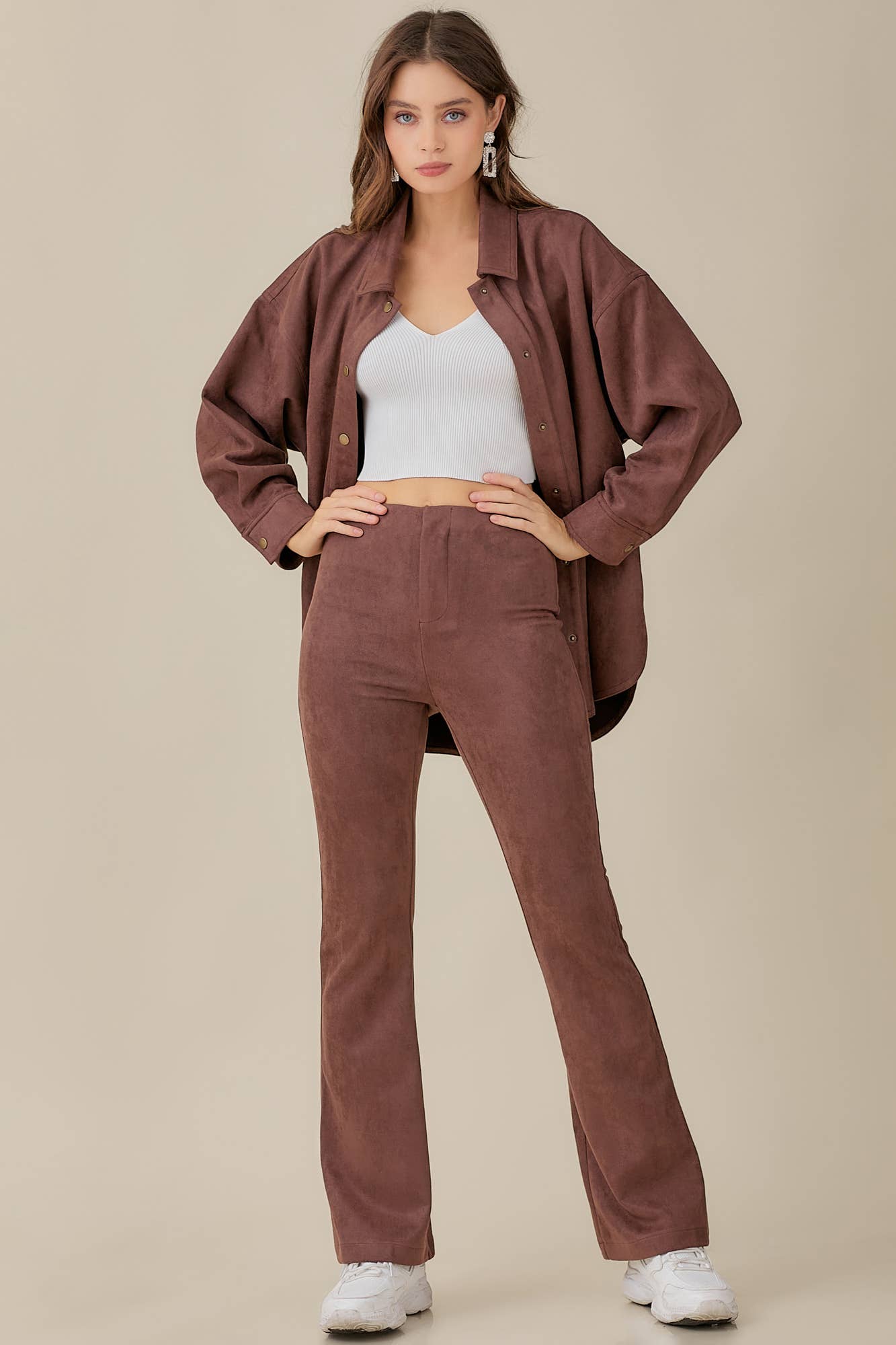 ELASTIC HIGH WAIST SUEDE PANTS: MAUVE