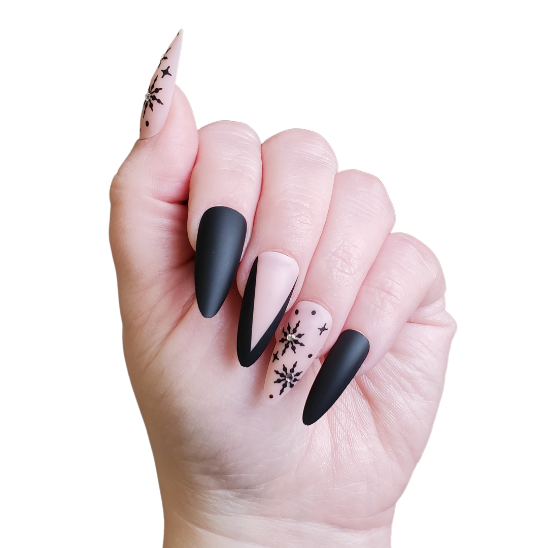 Frostbite | Matte Black Snowflake Stiletto Press-On Nails