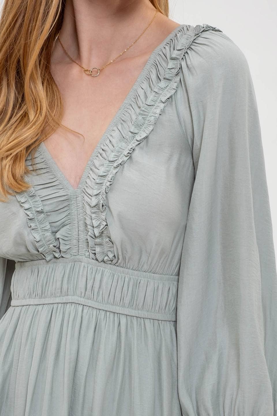 Ruffle V-Neck Long Sleeve Dress