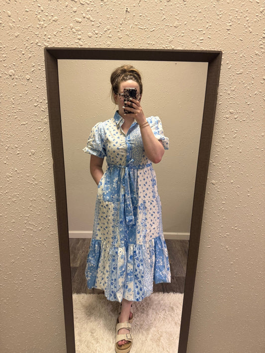 Cora Blue Patchwork Floral Dress - Mila Rose Boutique, LLCCora Blue Patchwork Floral DressSmall