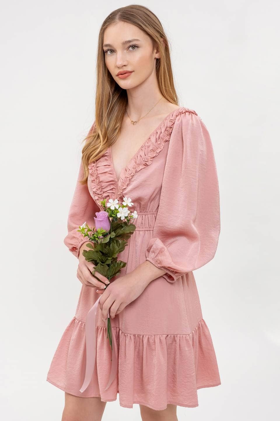 Ruffle V-Neck Long Sleeve Dress