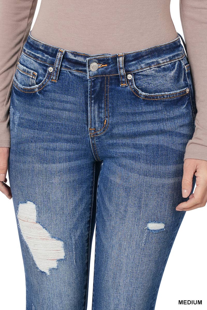 MID-RISE DISTRESSED CROP SKINNY DENIM PANTS: MEDIUM WASH