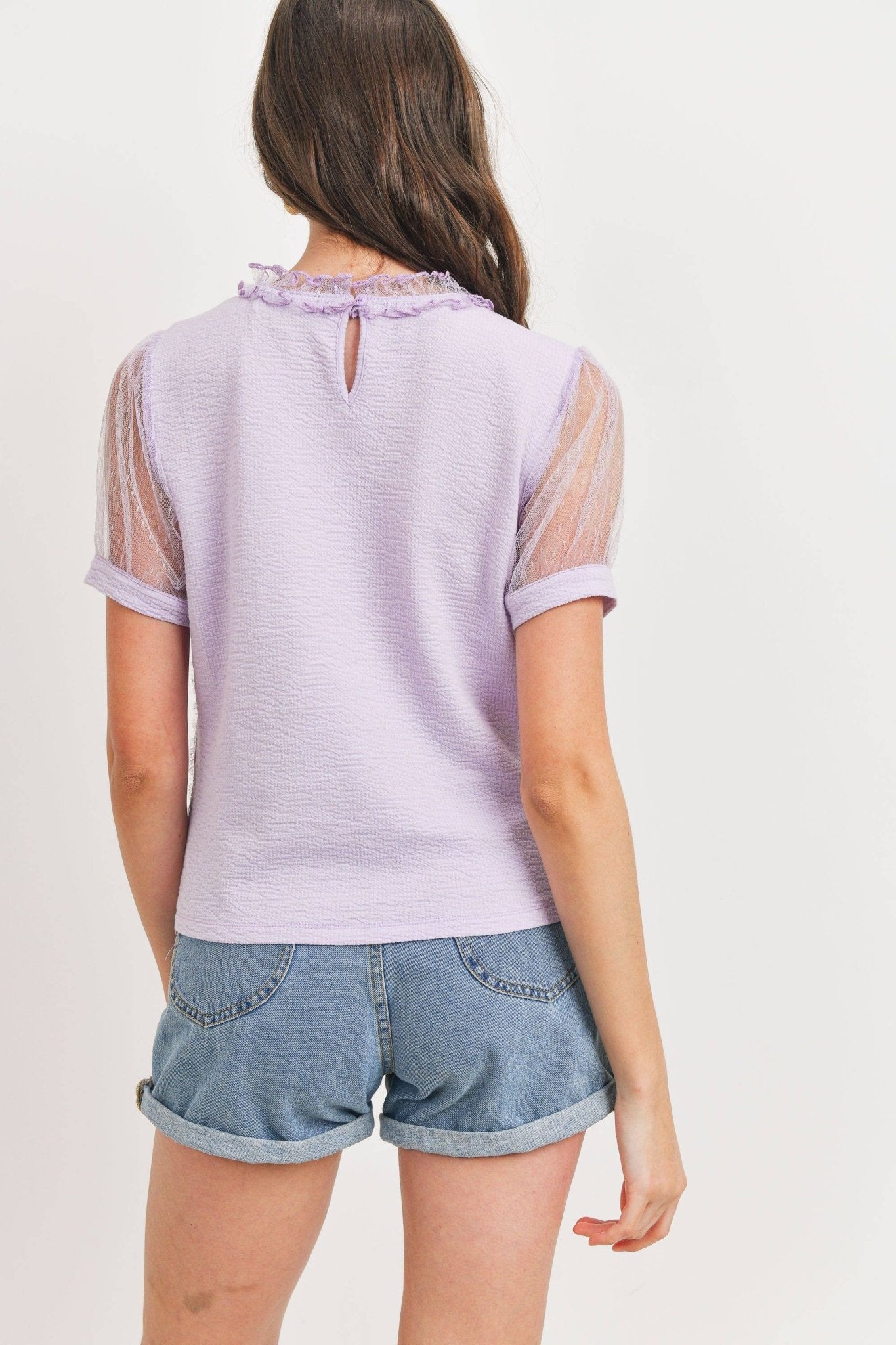 Dotted Mesh Overlay Blouse: Lavender - Mila Rose Boutique, LLC