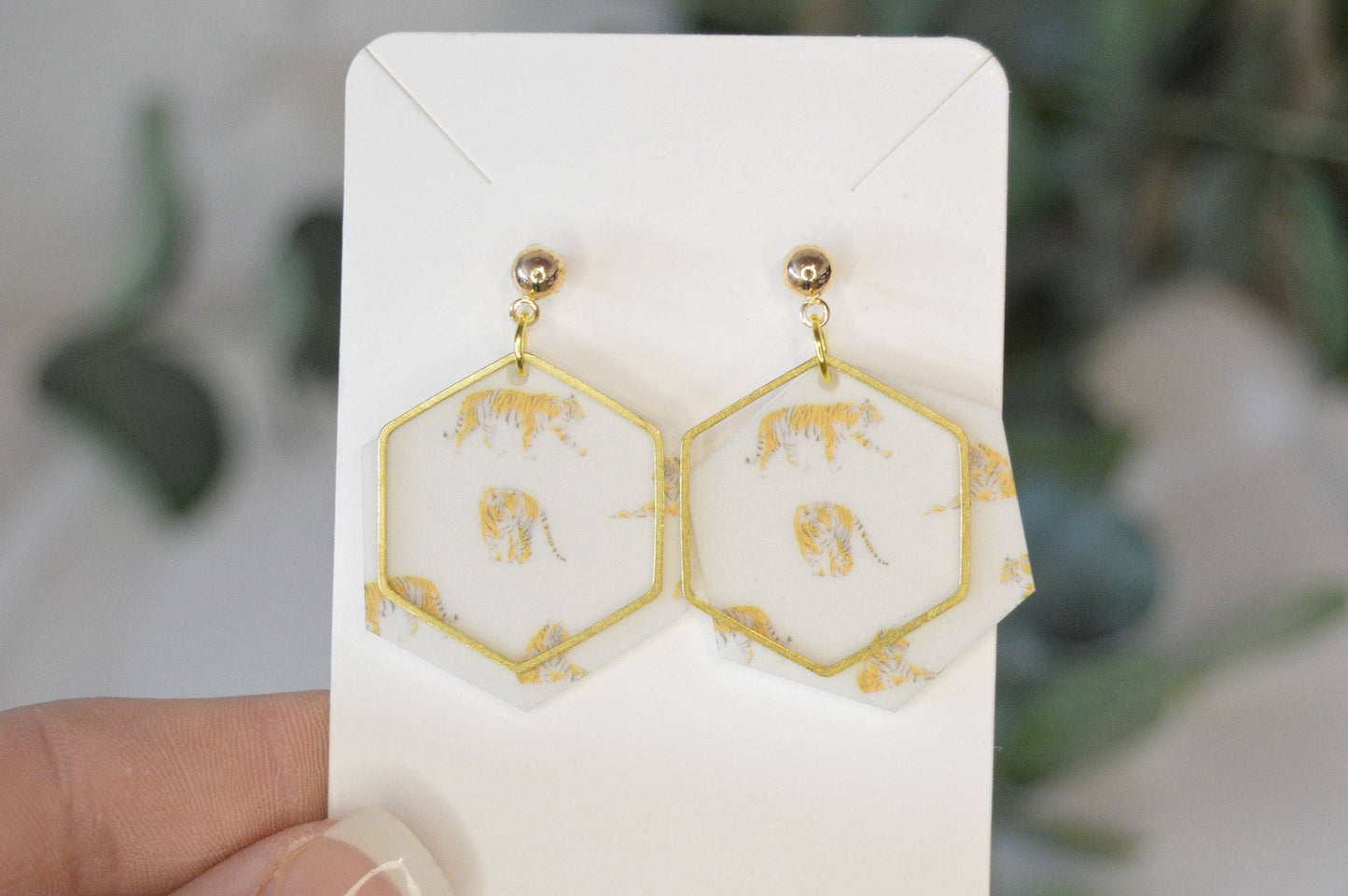 Tiger Hexagon Earrings, Tiger Earrings, Dangle Earrings, Sta