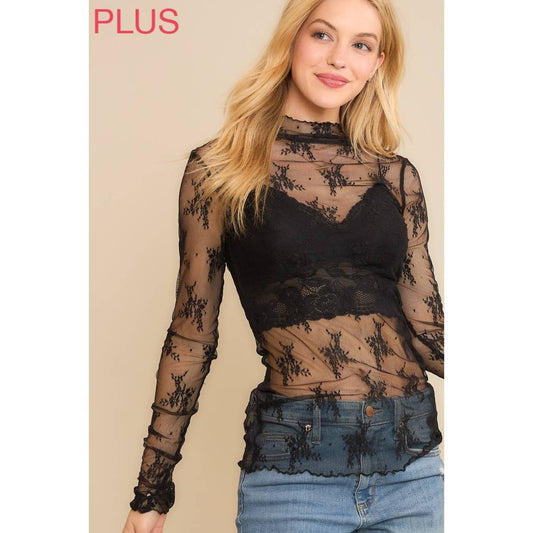 Plus Black Lace High Neck Top