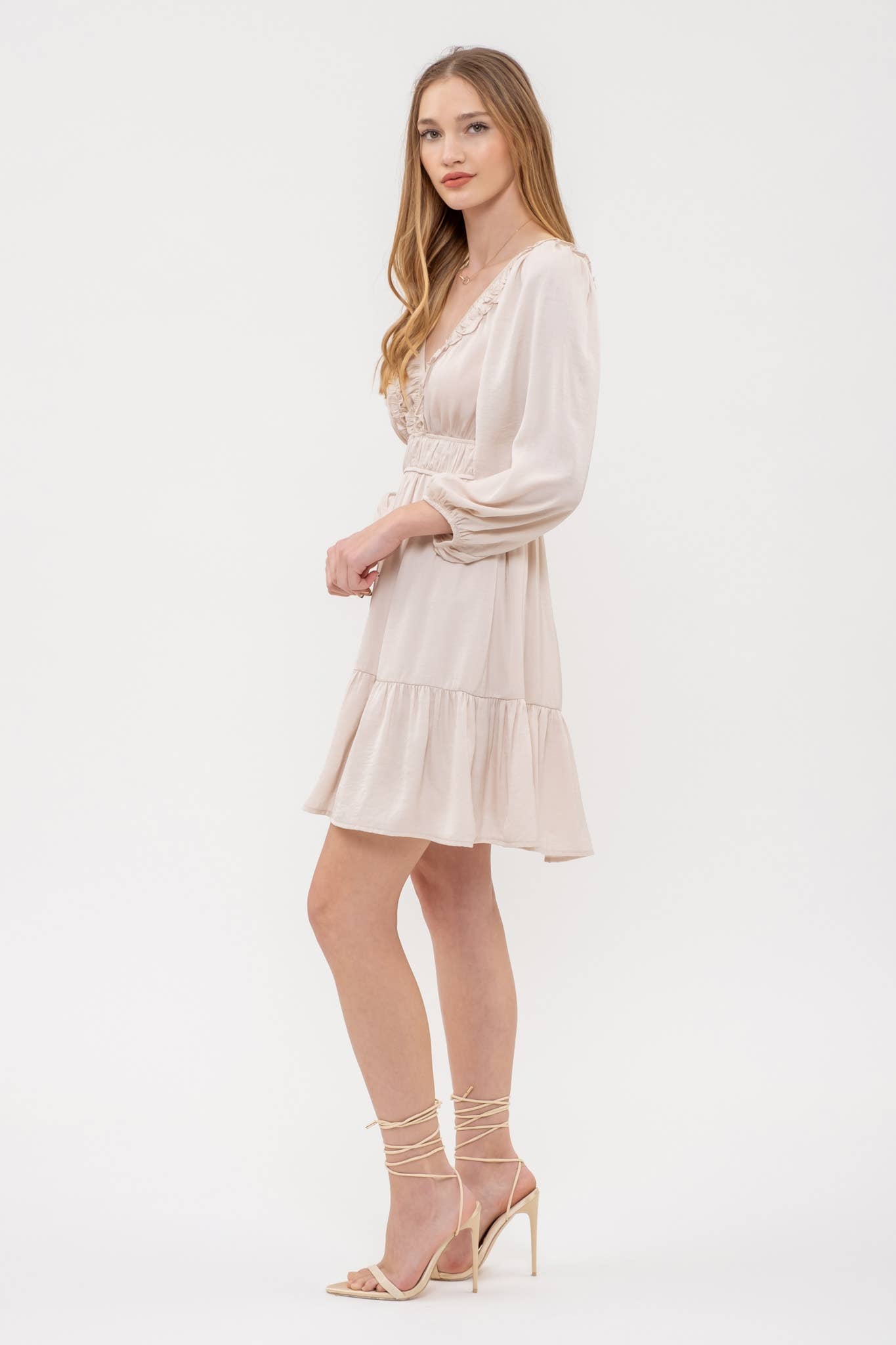 Ruffle V-Neck Long Sleeve Dress