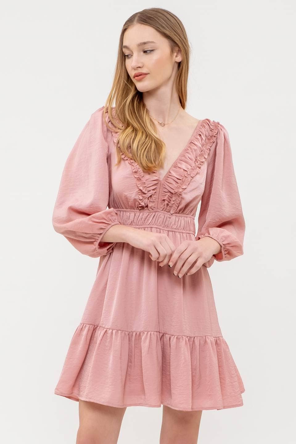 Ruffle V-Neck Long Sleeve Dress