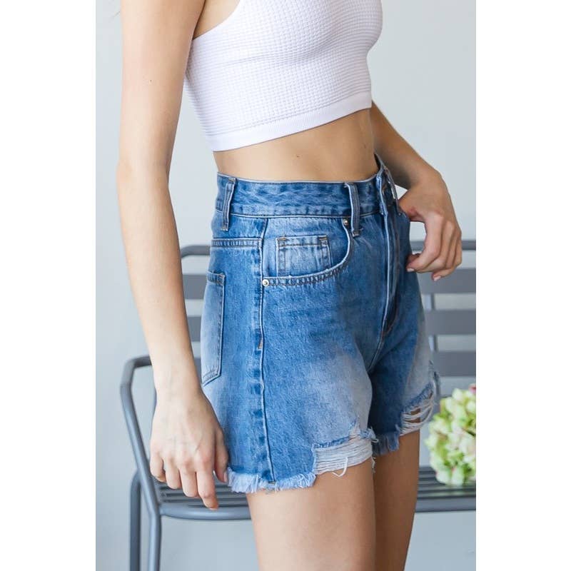 Distressed Hem Washed Denim Shorts: Med Wash / S-L