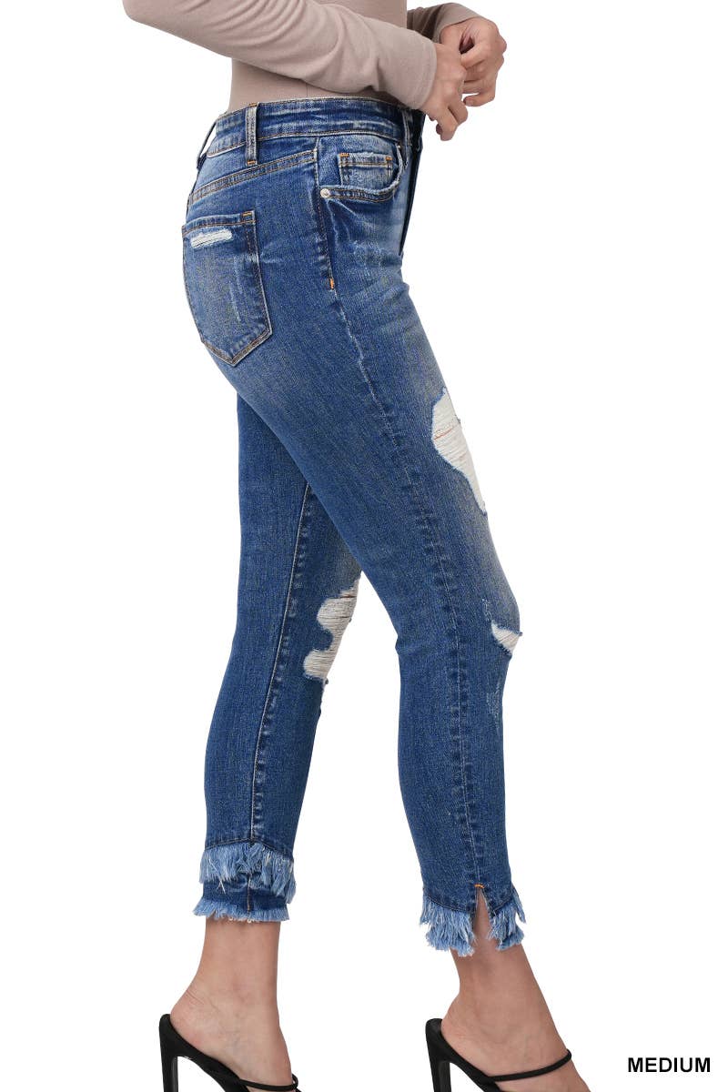 MID-RISE DISTRESSED CROP SKINNY DENIM PANTS: MEDIUM WASH