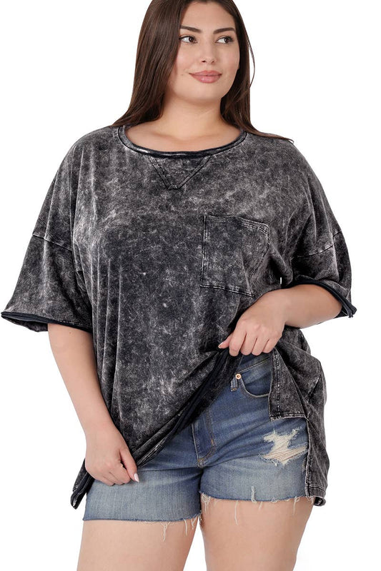 ACID WASH DROP SHOULDER TEE- ASH BLACK-1X-3X