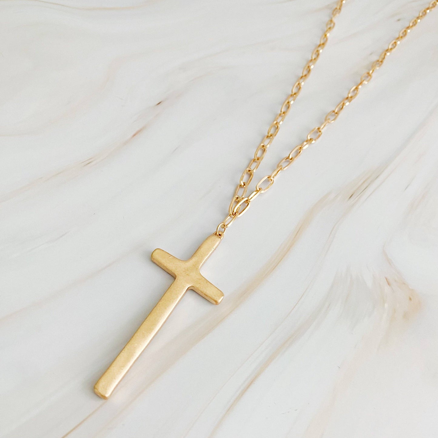 Hammered Cross Long Chain Necklace: Gold