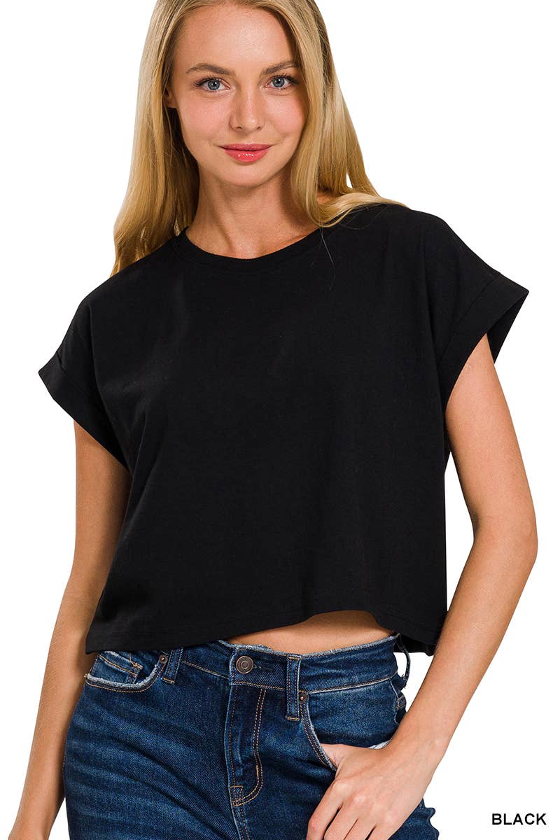 COTTON SHORT SLEEVE TOP: BLACK